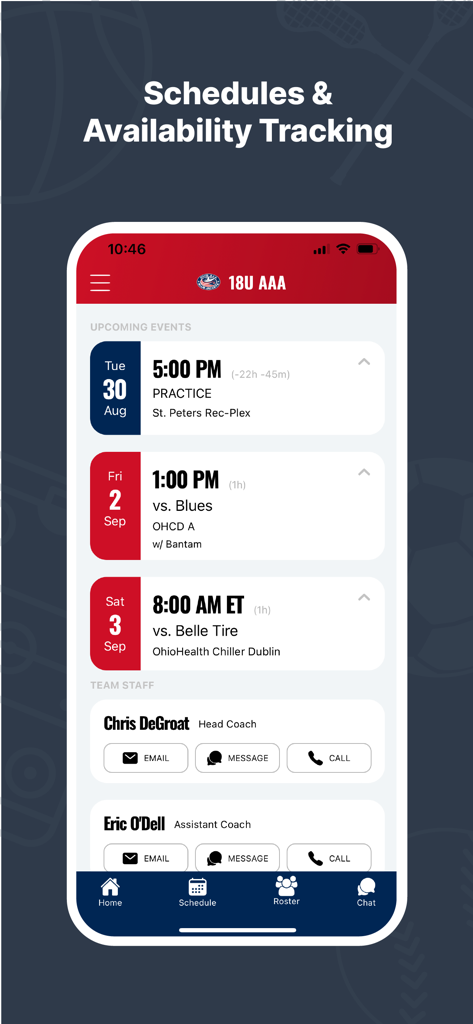 Crossbar Mobile - Crossbar Mobile app interface displaying upcoming sports events and team staff contact information