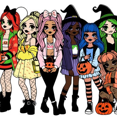 realistic group of girls on halloween