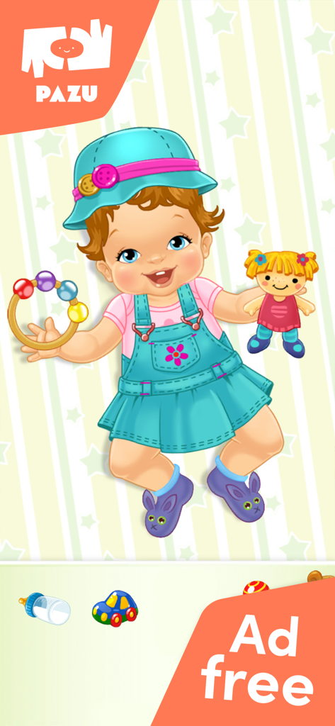 A cute baby character in blue overalls holding a rattle and a doll in the Chic Baby app