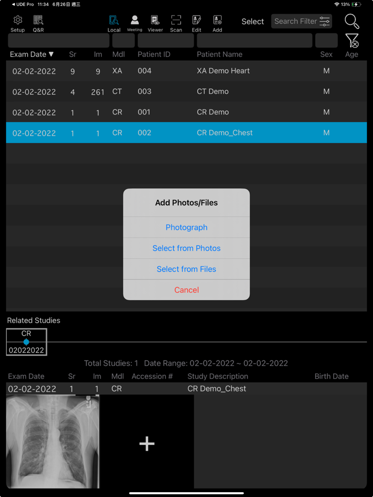 UDE Lite interface on iPad showing a list of DICOM medical studies and an add files menu overlay.