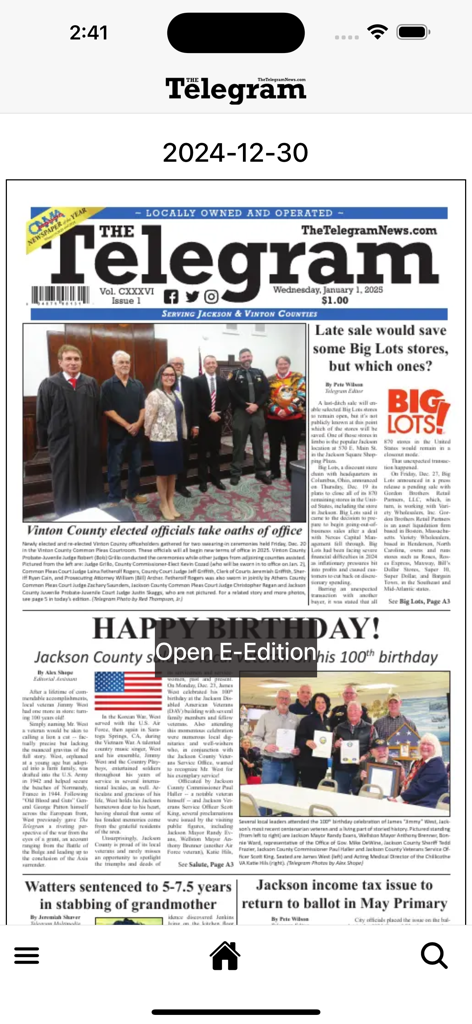 Screenshot of The Telegram news app showing local newspaper headlines for Jackson and Vinton County Ohio