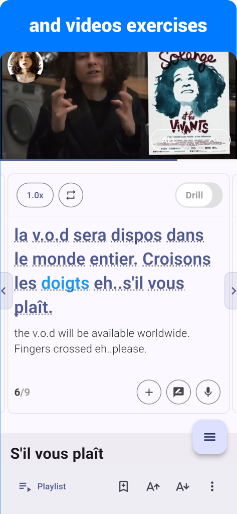 French  - Listening Speaking - Mobile screen showing a French video lesson with dual language subtitles and audio controls.