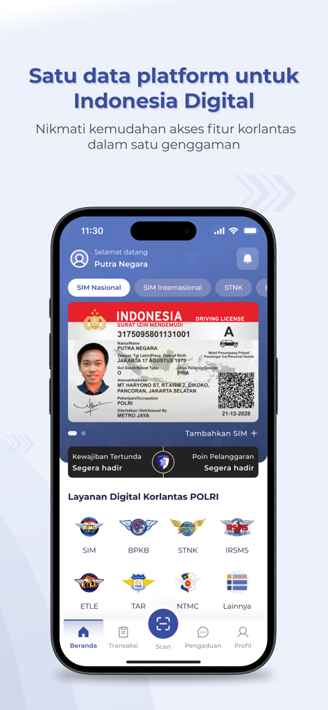 Pantalla de inicio de la aplicación móvil Digital Korlantas POLRI mostrando una licencia de conducir digital indonesia e íconos de servicios oficiales