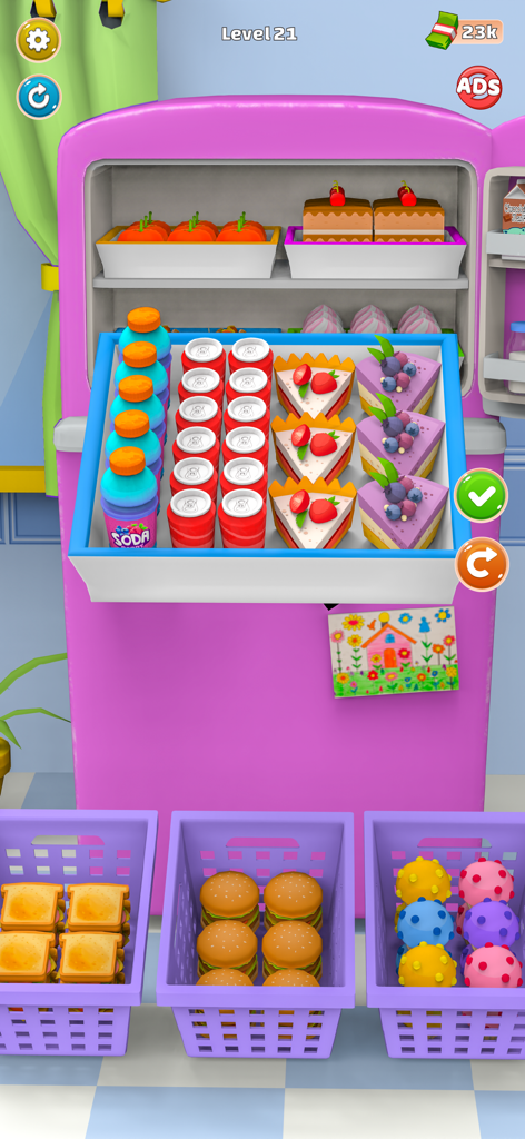 Stock the Fridge - Room Legend - Organizing a pink refrigerator with cakes and drinks in a sorting puzzle game