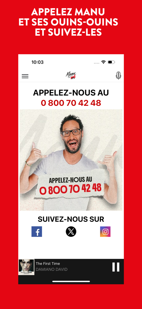 Manu sur NRJ - Écran de contact de l'application Manu sur NRJ avec numéro de téléphone et liens vers les réseaux sociaux.