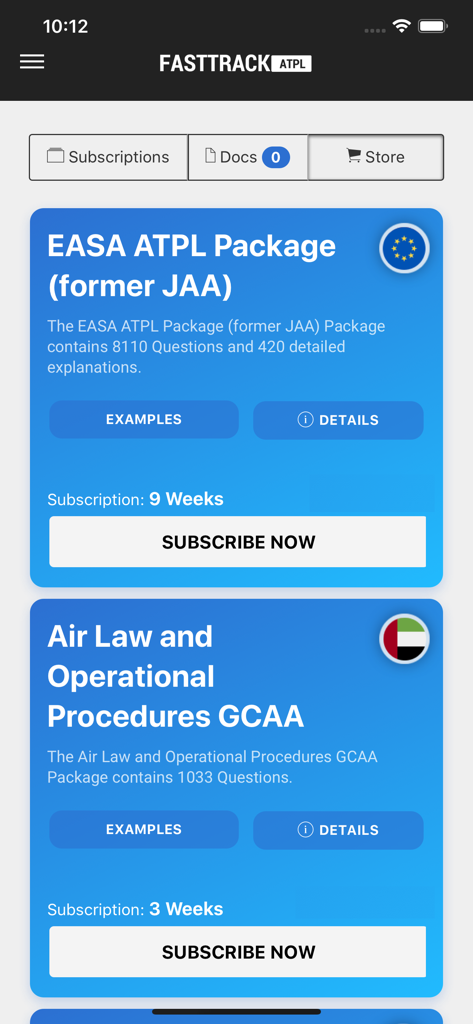 Fasttrack ATPL - Pilot Exams - Fasttrack ATPL app screen showing subscription packages for EASA and GCAA pilot exams