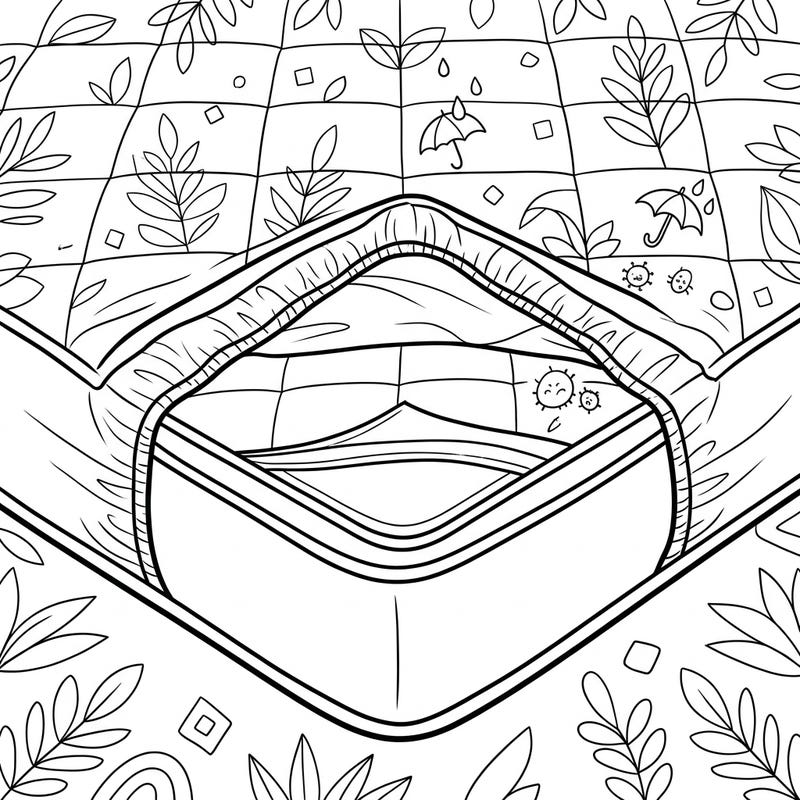 Discover the hidden world of mattress protection with this unique coloring page. Featuring detailed linear art, it playfully illustrates how a mattress protector keeps your bed clean and safe.