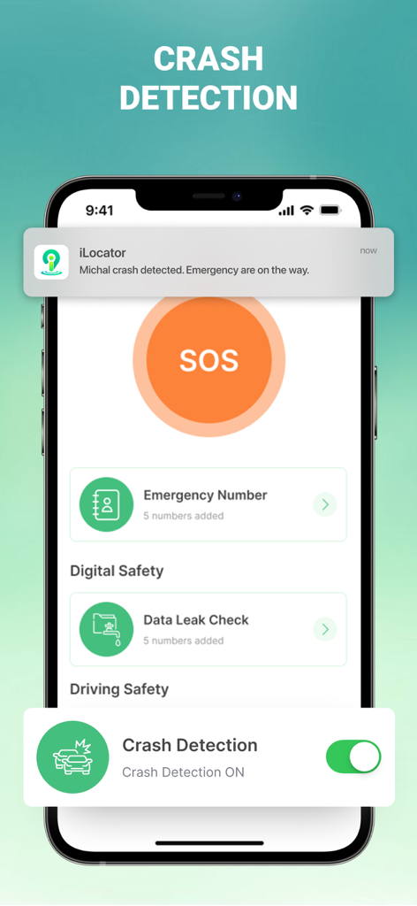iLocator : Family Location - iLocatorアプリと事故検出通知、SOS緊急ボタンを示すスマートフォン画面