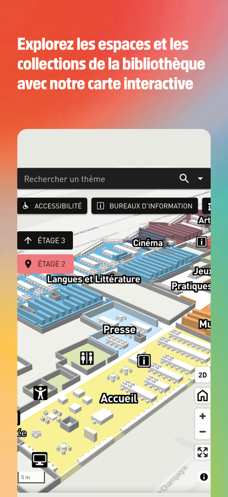 Bpi Lumière - An interactive 3D map of the Bpi library showing floor plans and thematic collection areas like Cinema and Press.