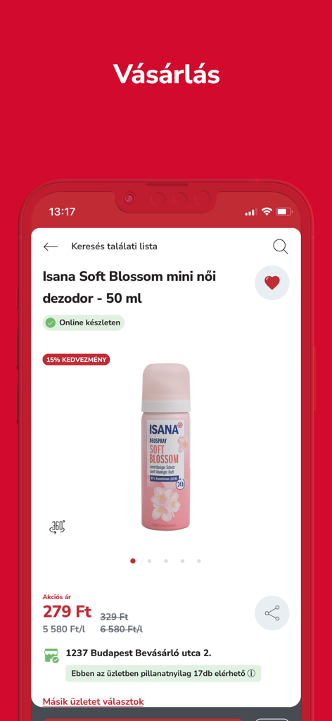 Rossmann - Product details page of the Rossmann mobile app showing an Isana mini deodorant with price and store stock information.