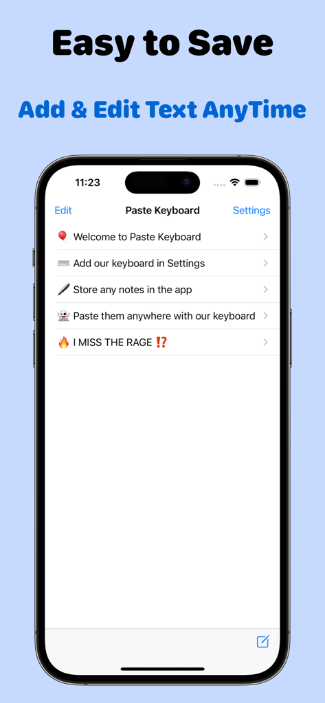 Copy Paste Keyboard: Auto Text - Interfaz de iPhone mostrando la aplicación Paste Keyboard con una lista de fragmentos de texto guardados y opciones para añadir o editar notas en cualquier momento.