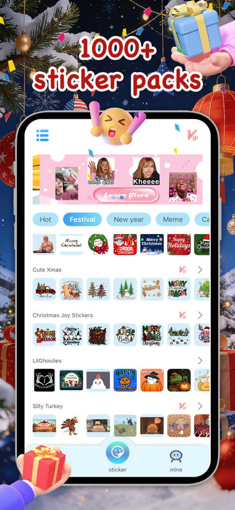 Meme Maker Pro-Stickers&Emoji - Meme Maker Pro app interface showing over one thousand sticker packs with a focus on festival categories like Christmas, Halloween, and Thanksgiving.