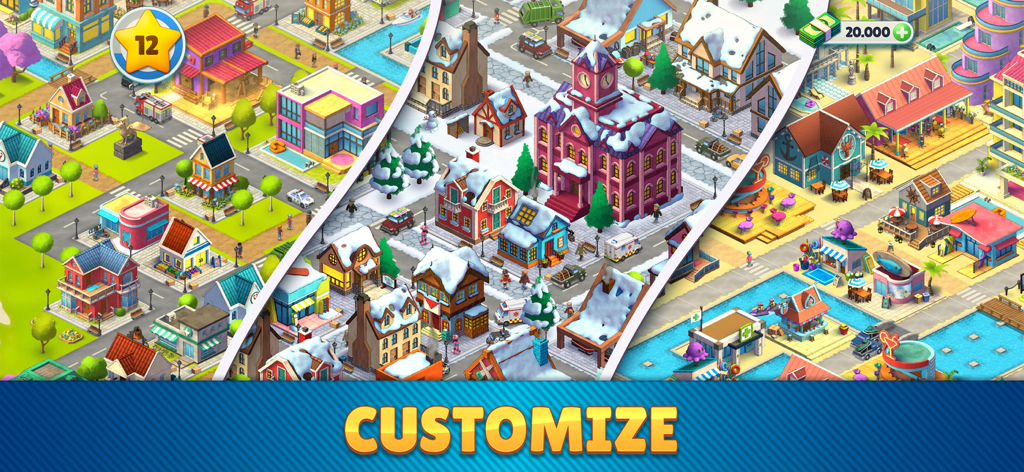Cozy Town: City Building Game - A showcase of different themed islands and customization options in Cozy Town city building game.