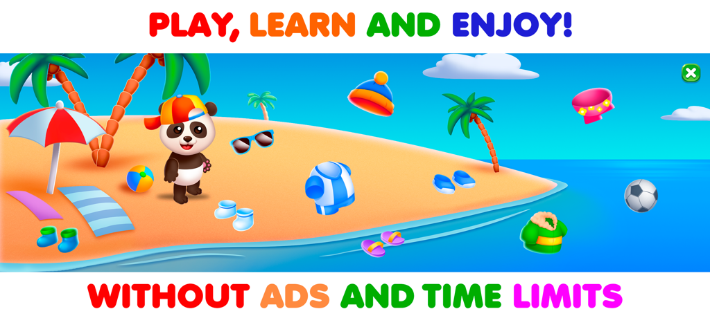 RMB Games - Toddler Learning - A cartoon panda on a beach in an educational toddler game for sorting clothes