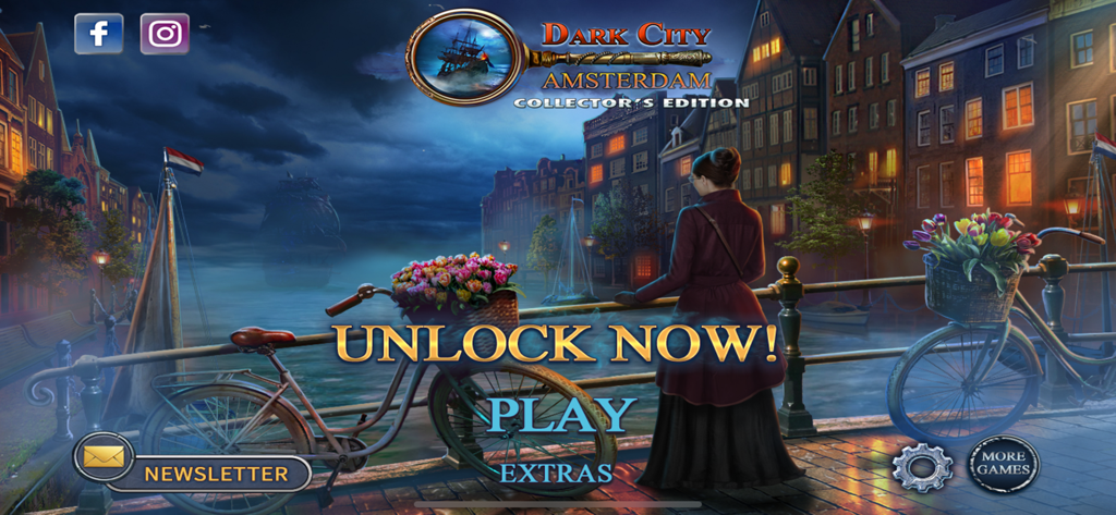 Dark City: Amsterdam Mystery - Main menu of the game Dark City Amsterdam Mystery featuring a woman overlooking an Amsterdam canal at night with a ghost ship in the fog.