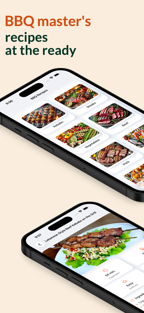 Two mobile screens showing BBQ recipe categories like steaks and kebabs along with a detailed recipe page for Lebanese style beef kebabs