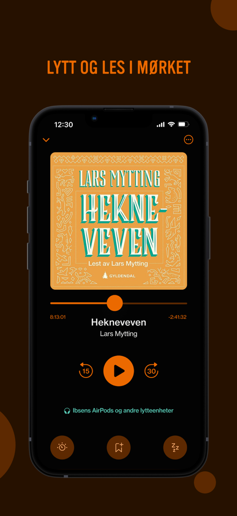 ARK - The ARK mobile app interface showing an audiobook player with dark mode enabled playing Hekneveven by Lars Mytting