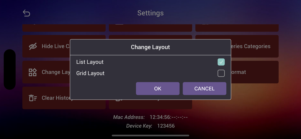 ibo Pro Player settings menu showing options to change the interface layout between list and grid views
