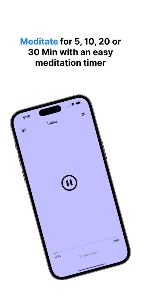 Diary+: Gratitude, Mindfulness - Diary Plus瞑想タイマーアプリのインターフェースを表示するスマートフォン。シンプルな紫色の背景と一時停止アイコンが表示されています。