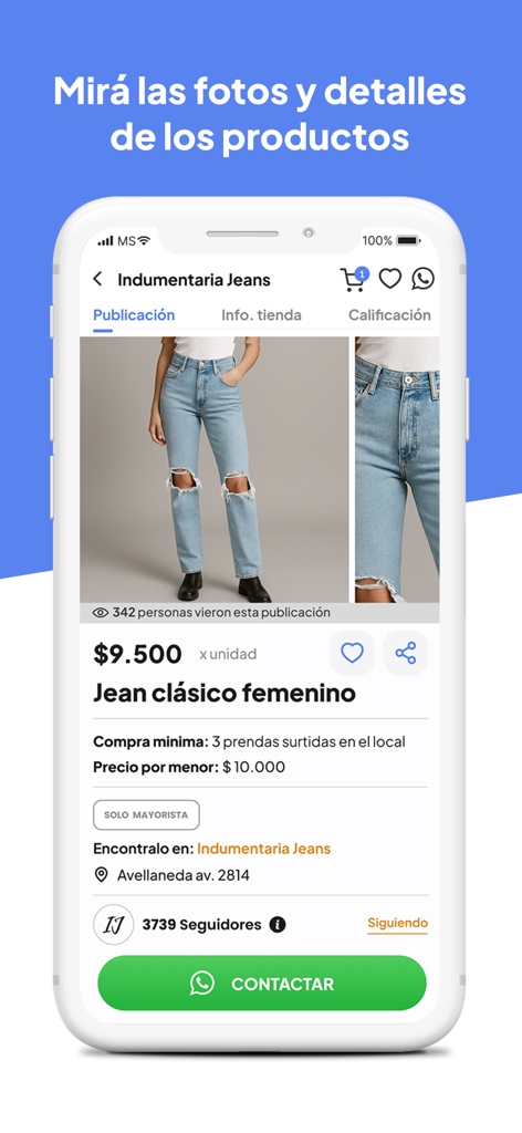 Avellaneda a un toque - Mobile app screen displaying product details for women jeans with price and contact button