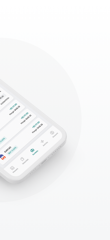 Equiti Trader mobile app showing a portfolio with active forex trades and margin details