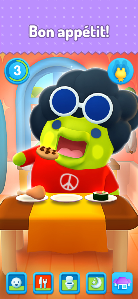 Ein grünes Tamagotchi-Charakter mit Sonnenbrille und Peace-Zeichen-Shirt, das einen Chocolate-Chip-Cookie isst.