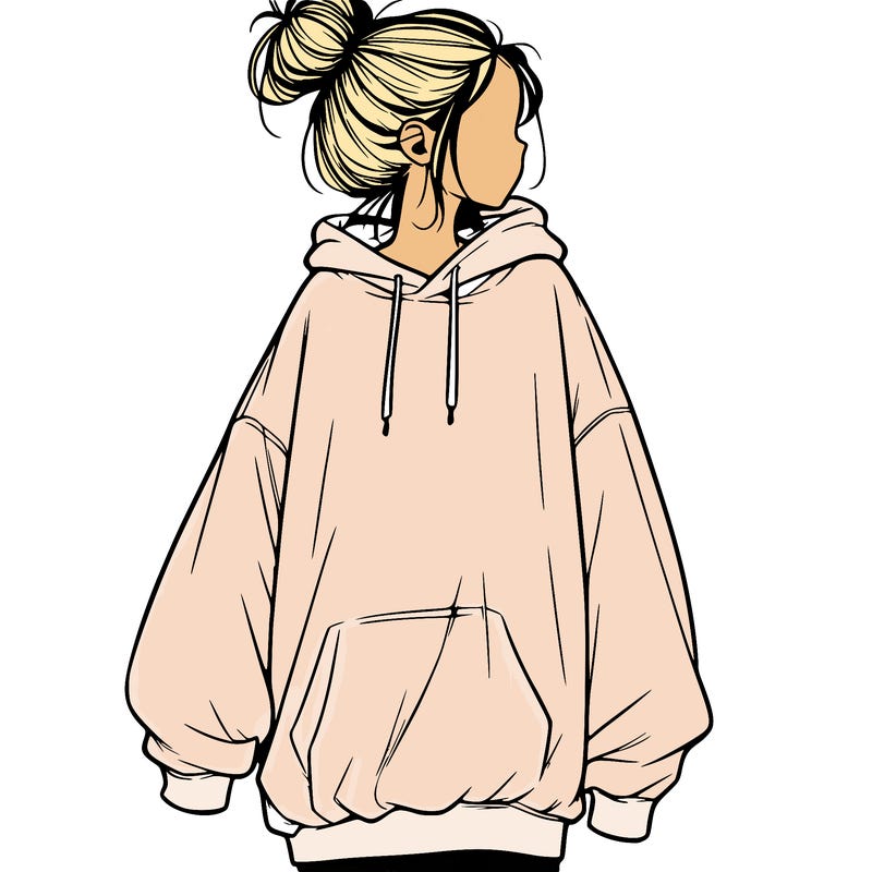 realistic girl with a oversized sweatshirt on and a bun