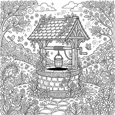 Step into a whimsical spring garden featuring a beautifully adorned wishing well, ready for your creative touch. This intricate design promises a delightful and relaxing coloring experience for all ages.