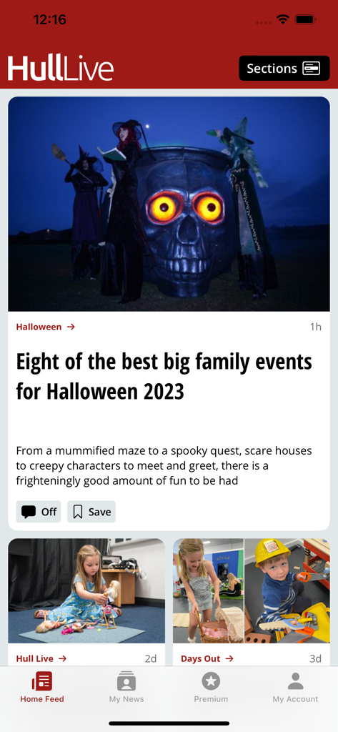 Hull Live news app interface displaying local event articles and a navigation menu