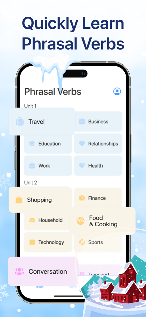 Phrasal Verb App: Learn + Play - English learning app dashboard showing study categories including Business, Travel, and Conversation.