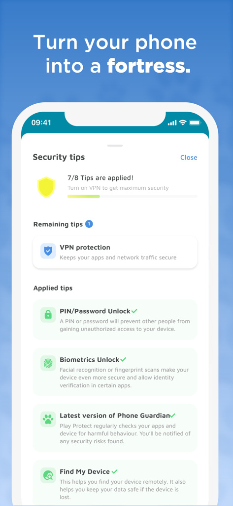 Phone Guardian Safe Mobile VPN - Pantalla de consejos de seguridad de la aplicación Phone Guardian que muestra una lista de verificación de funciones de protección móvil como PIN y desbloqueo biométrico.