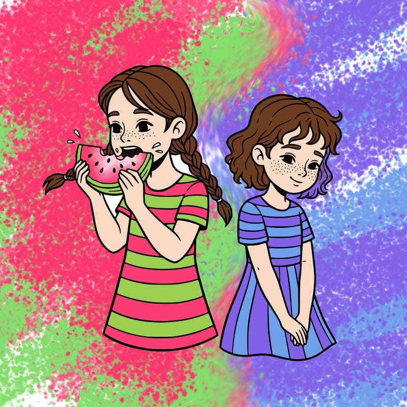 two ten year old sisters. one eating a watermelon and the other other sister blushing  in a shy way