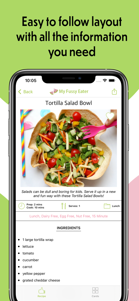 My Fussy Eater 앱의 토르티야 샐러드 볼 레시피 스크린샷으로 재료 및 식단 태그 표시