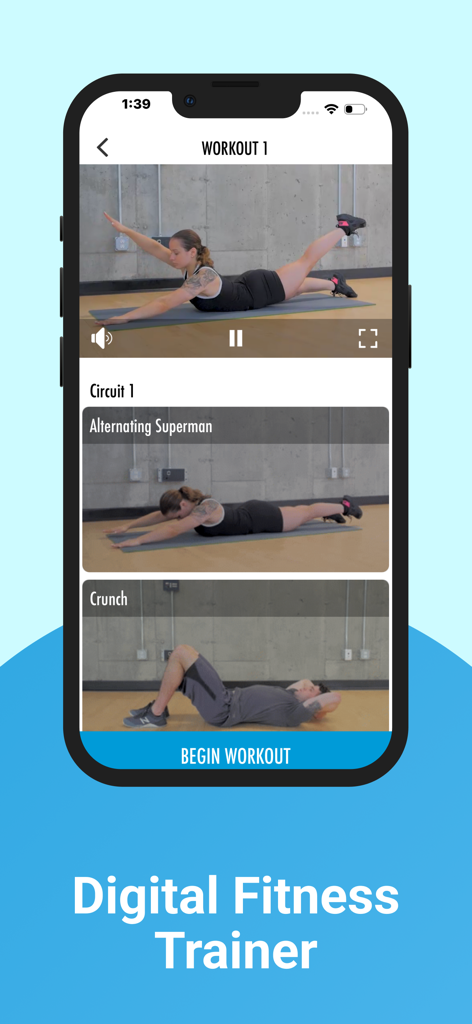 Home Abs & Core Workouts - Digital fitness trainer app interface showing a core workout circuit with instructional videos for alternating superman and crunches