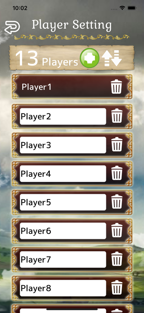 Werewolf -In a Cloudy Village- - Player settings interface in the Werewolf game master app showing a list of 13 players with edit and delete options