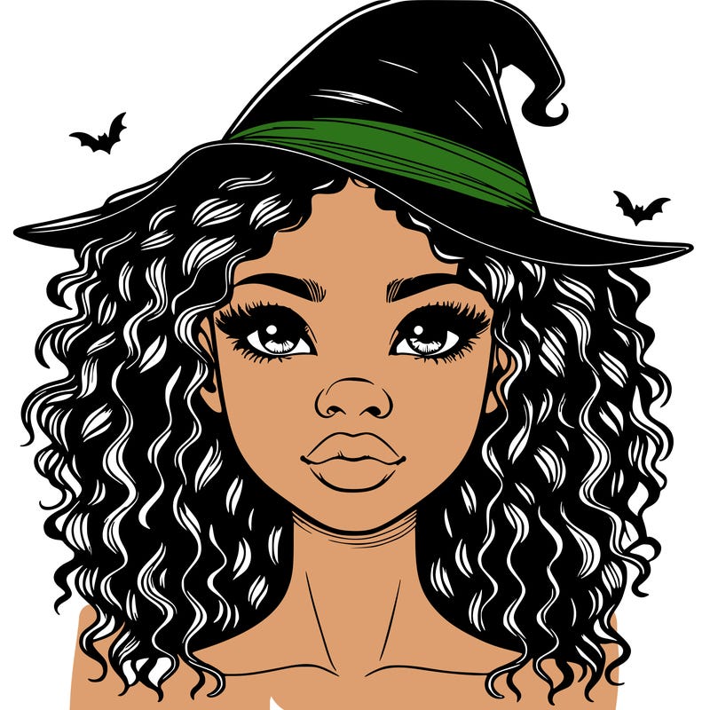 realistic black girl with wavy hair and witch hat and nose and lips