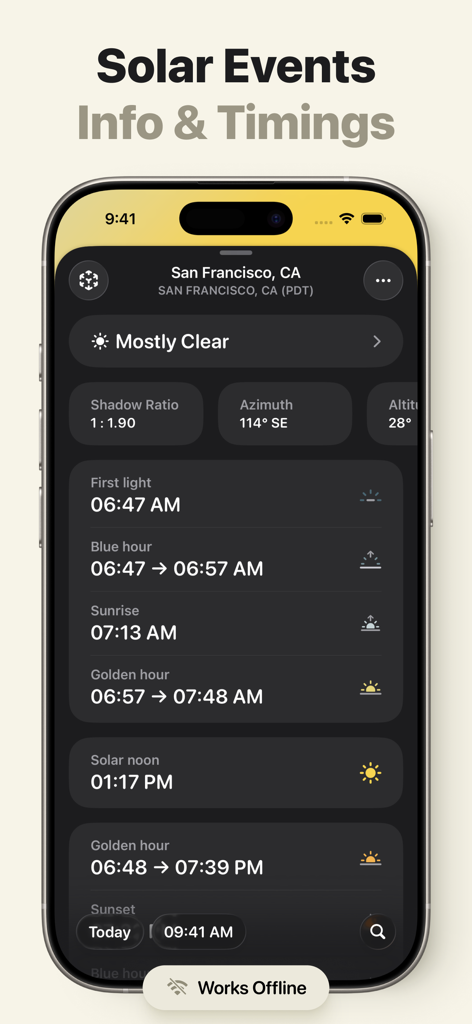 iPhone screen showing Sunlitt app with solar event timings for sunrise golden hour and blue hour