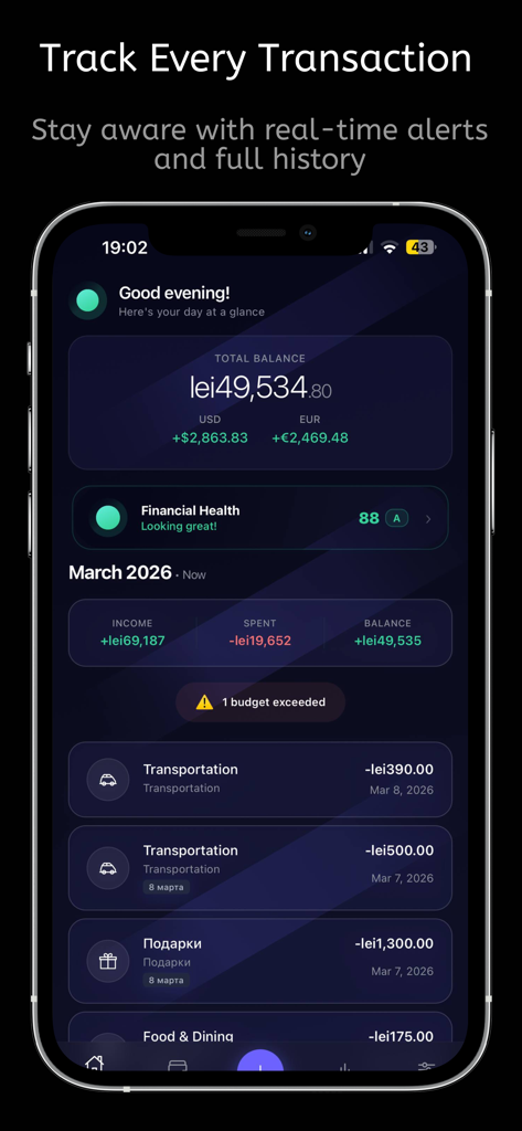 Expense & Budget Tracker: Lumi - Smartphone screen showing Lumi app dashboard with financial health score and categorized transaction list.