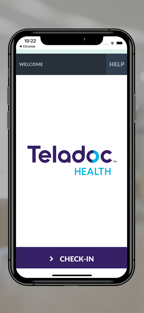 Willkommensbildschirm der Teladoc Health Patient App mit dem Firmenlogo und einem Check-in-Button
