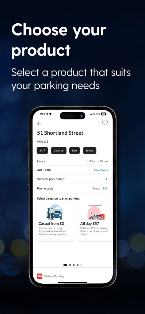 ParkMate app screen showing the option to select casual or all day parking products for a specific location.