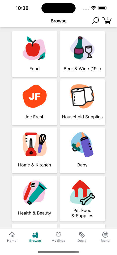 Écran de navigation de l'application PC Express montrant les catégories d'achats avec des icônes colorées.