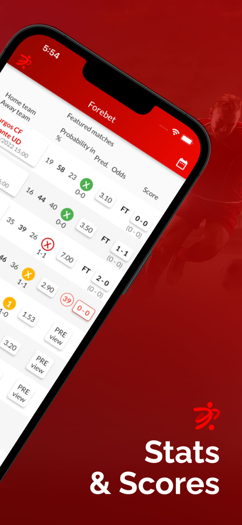 Forebet-App-Oberfläche mit Fußballspielstatistiken und Vorhersagen