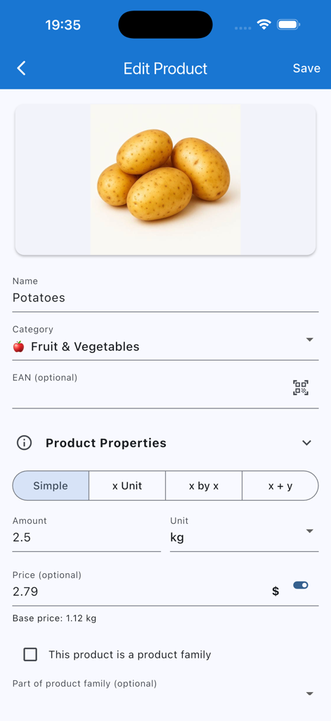 Interfaz de la aplicación Einkaufix que muestra la pantalla de edición de producto para patatas con detalles de categoría, precio y cantidad