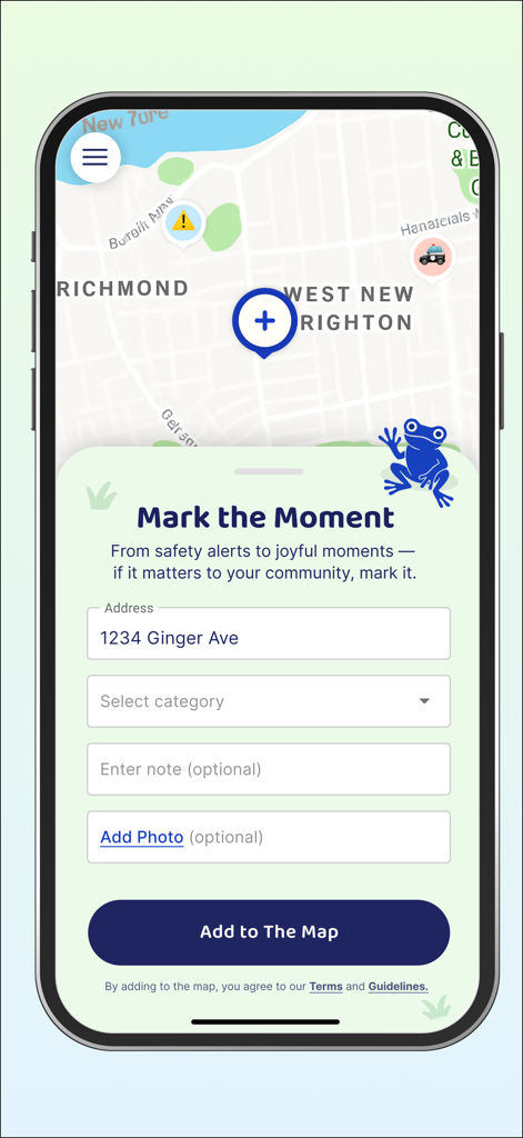 Mobile screenshot of the Coqui app showing a community reporting form on top of a neighborhood map to pin safety alerts and local sightings.
