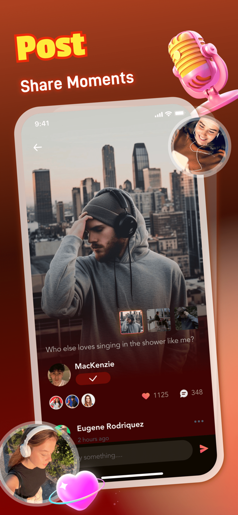 Maobe - Adult Vibe，Chat - Captura de pantalla de la aplicación Maobe mostrando una publicación de usuario con temas de música y canto para el descubrimiento social
