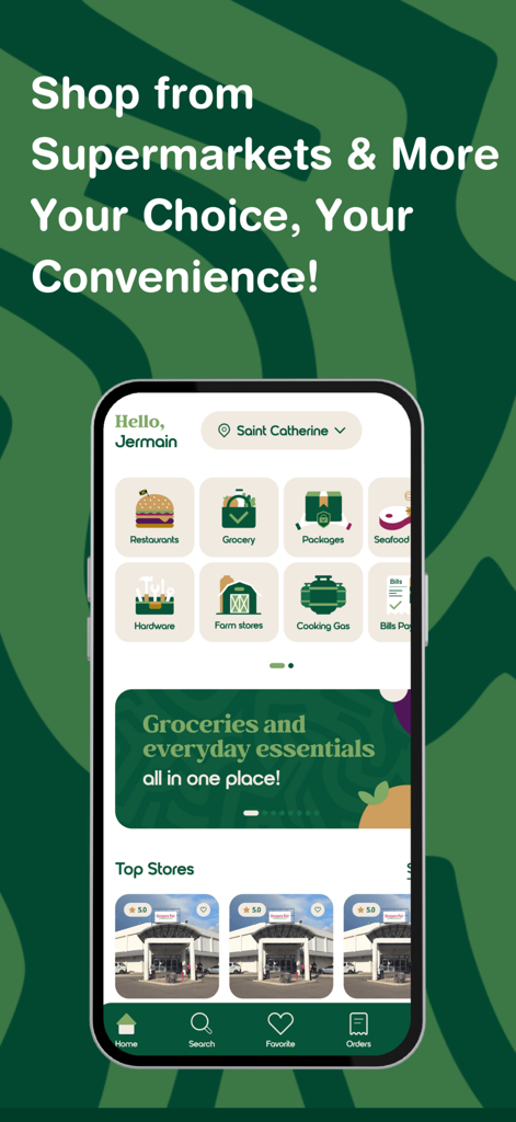 GroceryList Jamaica mobile app home screen showing supermarket and grocery delivery options