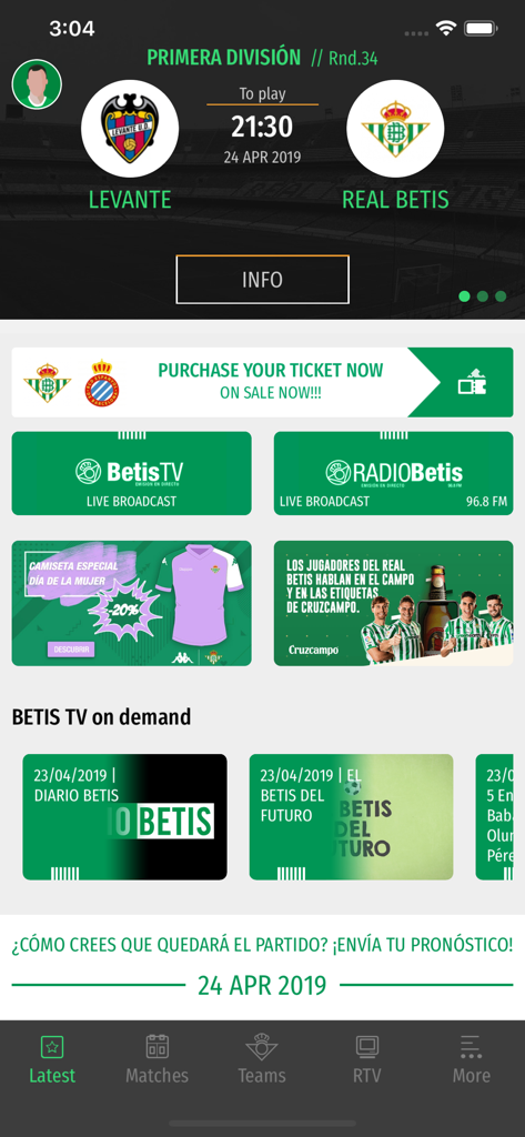 Pantalla de inicio de la app oficial del Real Betis con horarios de partidos y acceso a medios en directo
