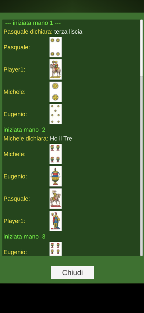 Tressette in 4 - Screenshot del registro di gioco in Tressette in 4 che mostra le carte giocate dai diversi giocatori nel corso di diverse mani