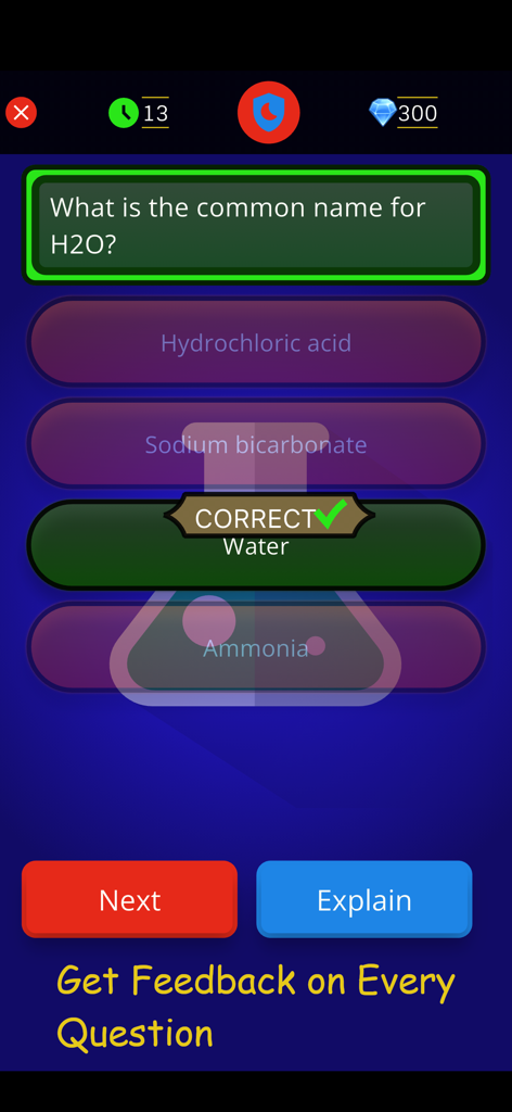 Quizia: General Knowledge Quiz - Pantalla de comentarios de respuesta correcta en la aplicación de trivia Quizia con un botón de explicación.