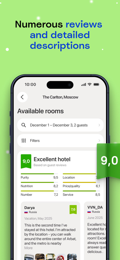 Ostrovok – Book a Hotel - Ostrovok app screen showing hotel guest reviews and detailed ratings for amenities and service